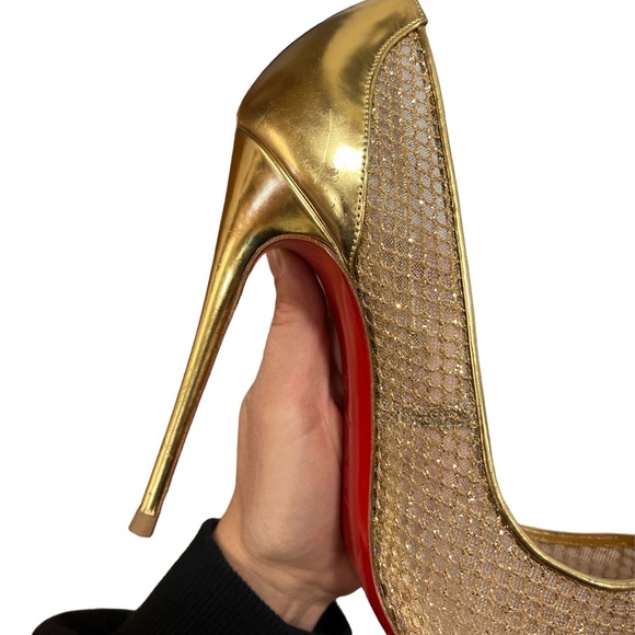 Christian Louboutin Follies Resille Glitter Fishnet High Heels Pumps Gold 8.5 - Picture 15 of 16